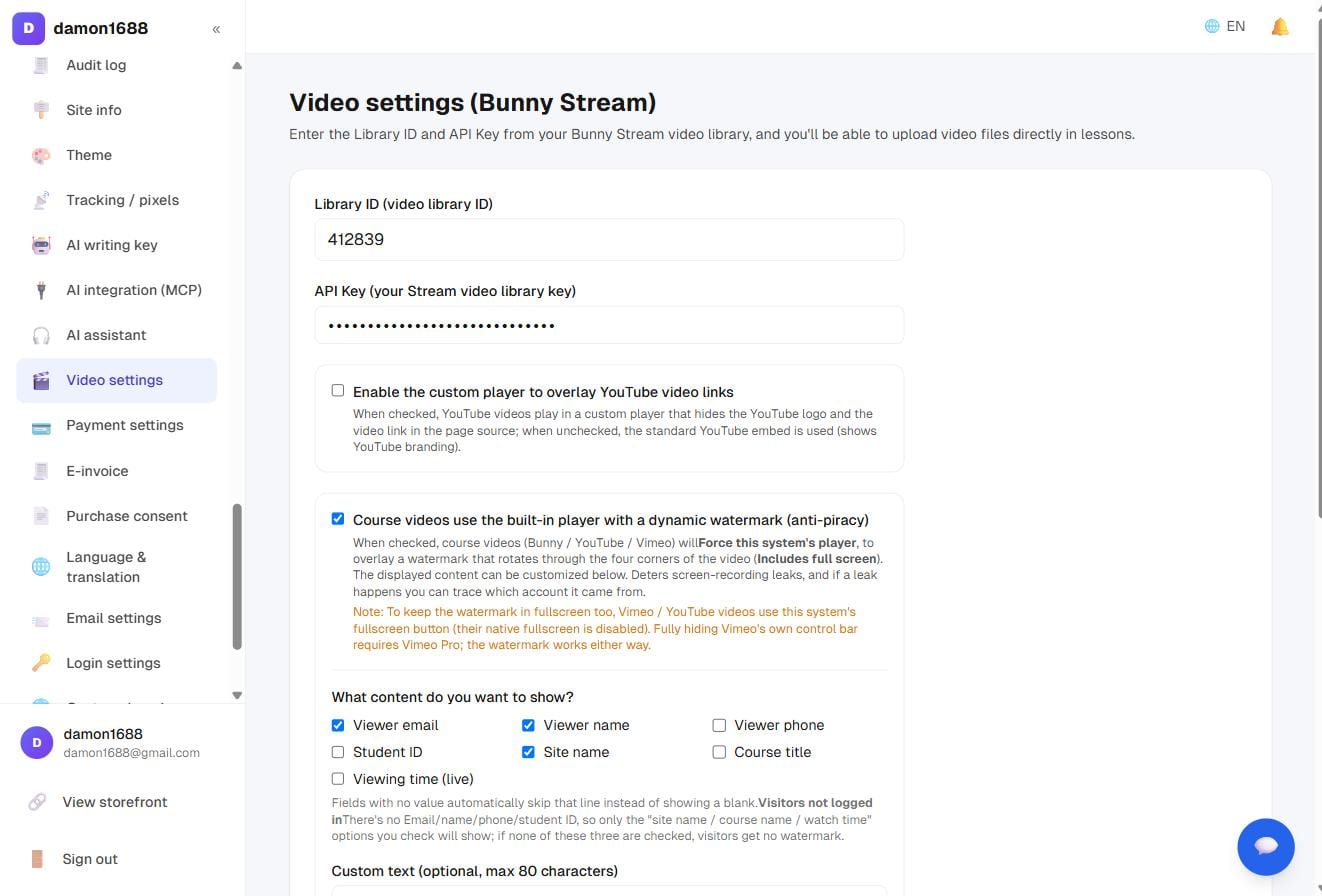 Video settings: your Bunny Library ID and API key, with watermark options and a live preview below