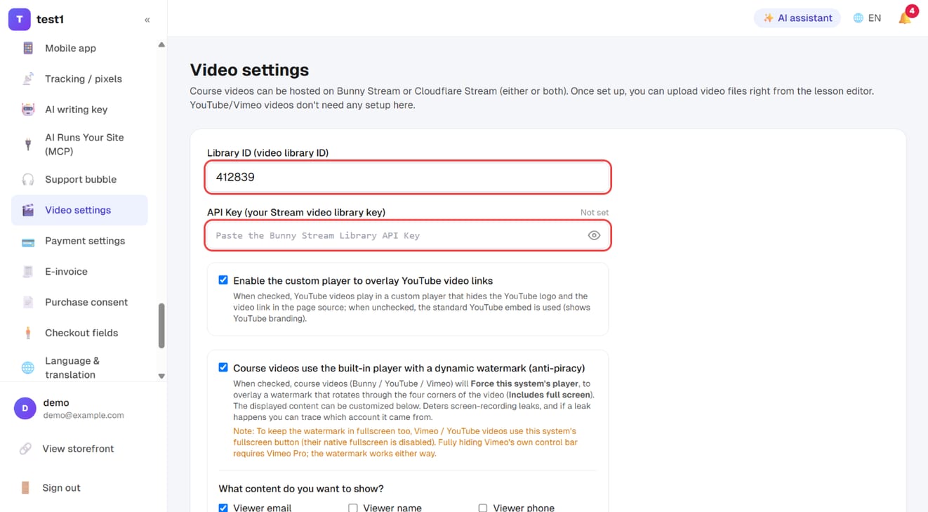 Settings → Video settings: the Library ID and API Key fields