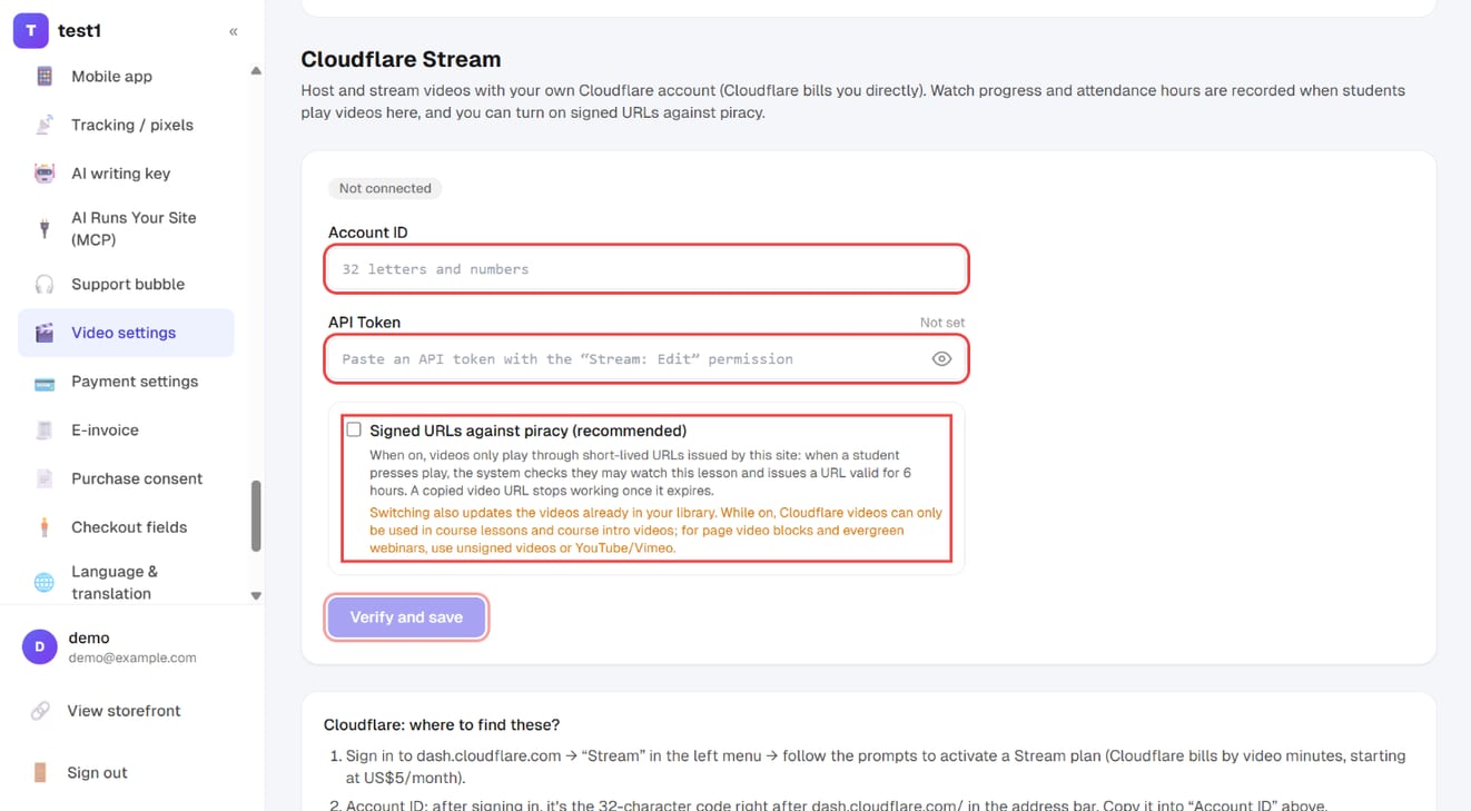 Cloudflare Stream on the Video settings page: Account ID, API Token, signed URLs and "Verify and save"