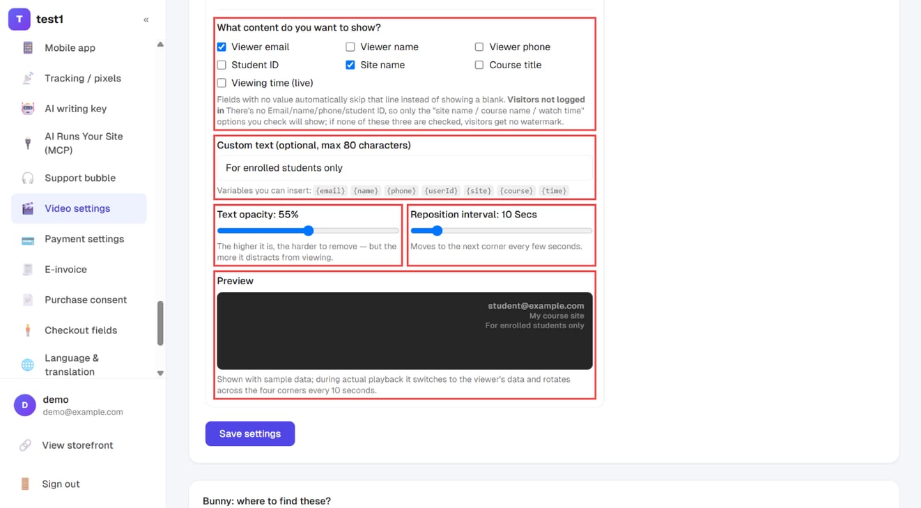 The dynamic watermark: what to show, custom text, opacity, reposition interval and the live preview