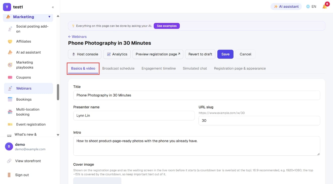 The “Basics & video” tab: title, presenter, URL slug, intro, cover image