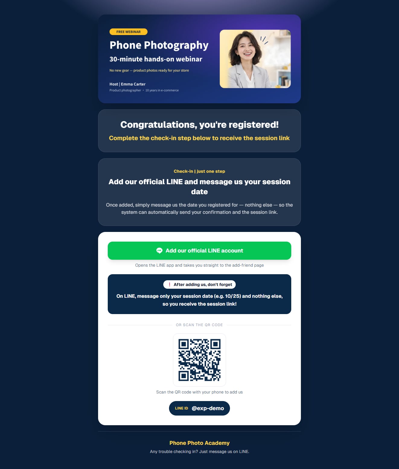 The completion page: congratulations, the add-LINE button, the reminder to message 10/25, the QR code and LINE ID