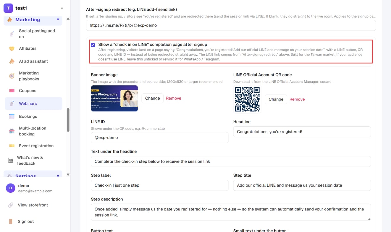 Tick “Show a check in on LINE completion page”, upload the banner and QR code, enter the LINE ID; the text fields are pre-filled