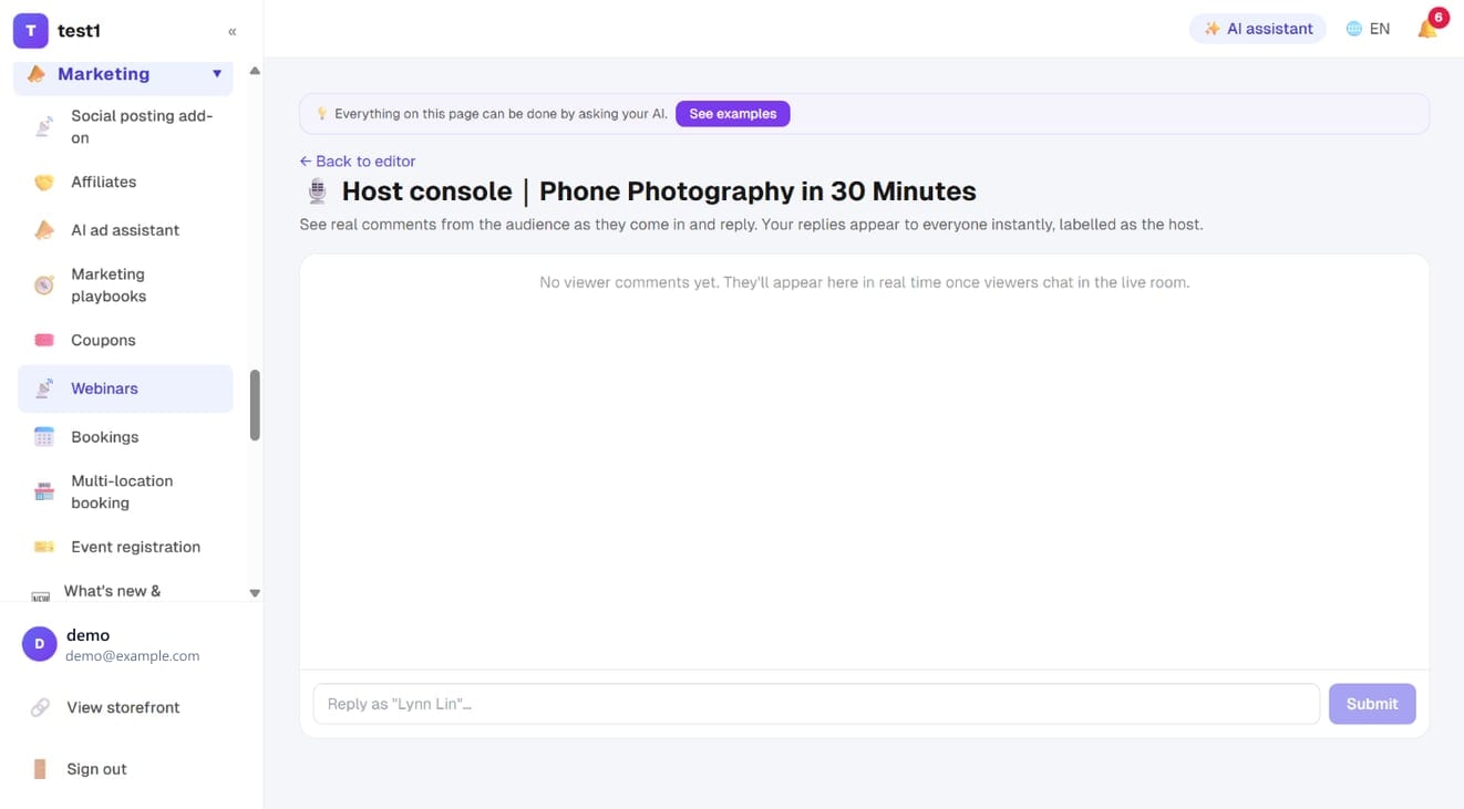 The host console: viewer comments appear here; reply in the box at the bottom