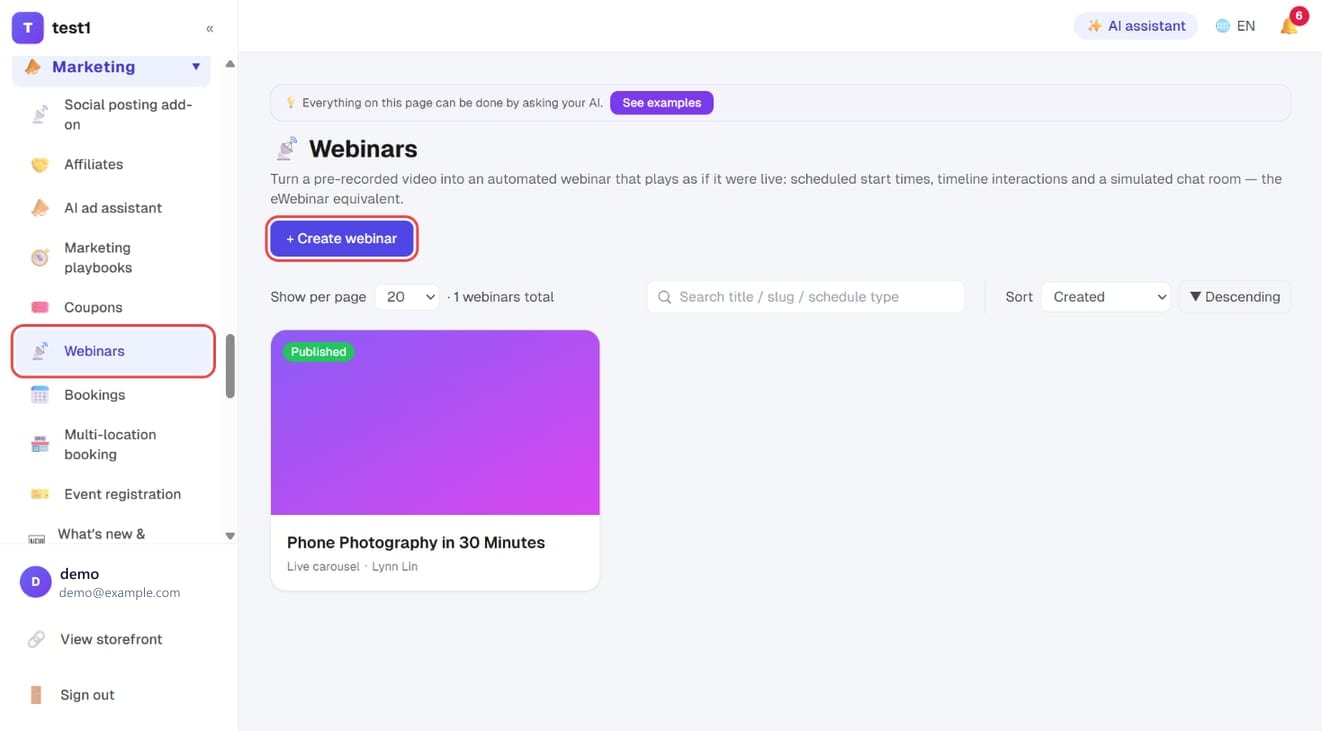 Click “Webinars” in the left menu, then “Create webinar” in the top right