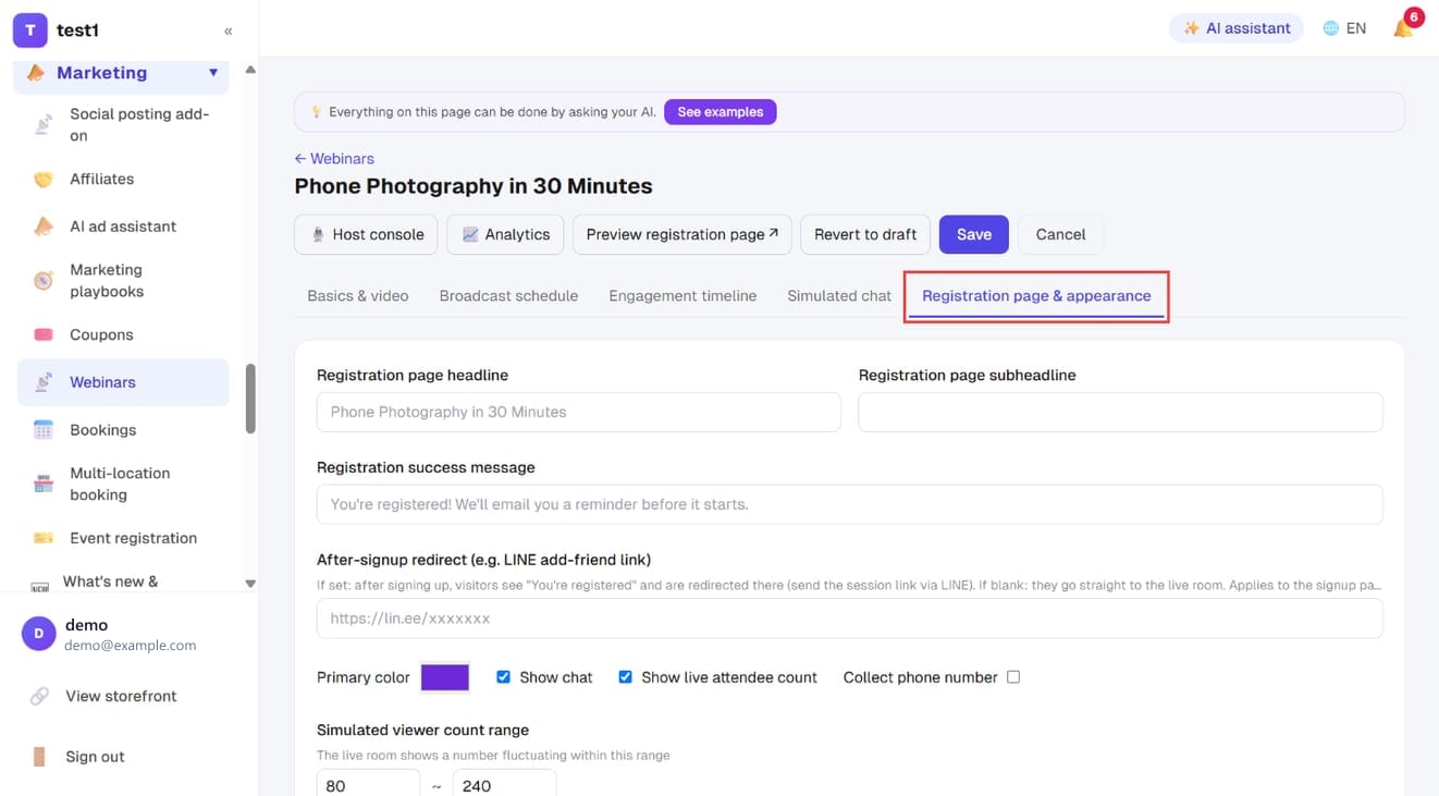 The “Registration page & appearance” tab: page text, redirect, colour and display switches, viewer range