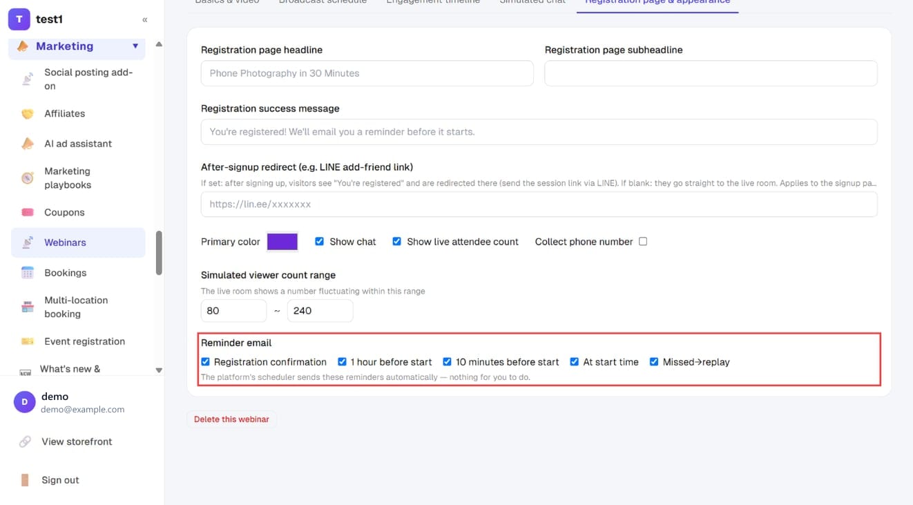 Reminder emails: five, each with its own checkbox