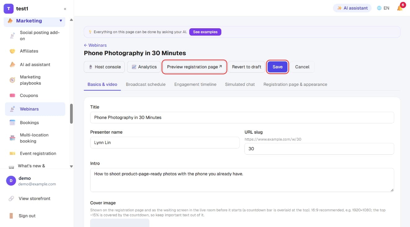 “Preview registration page” and “Save” in the top right