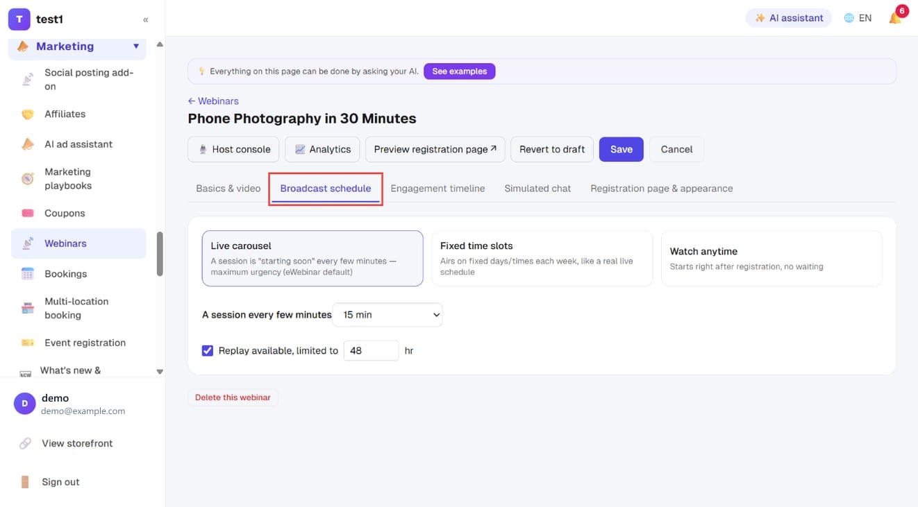 The “Broadcast schedule” tab: mode, session interval and replay hours