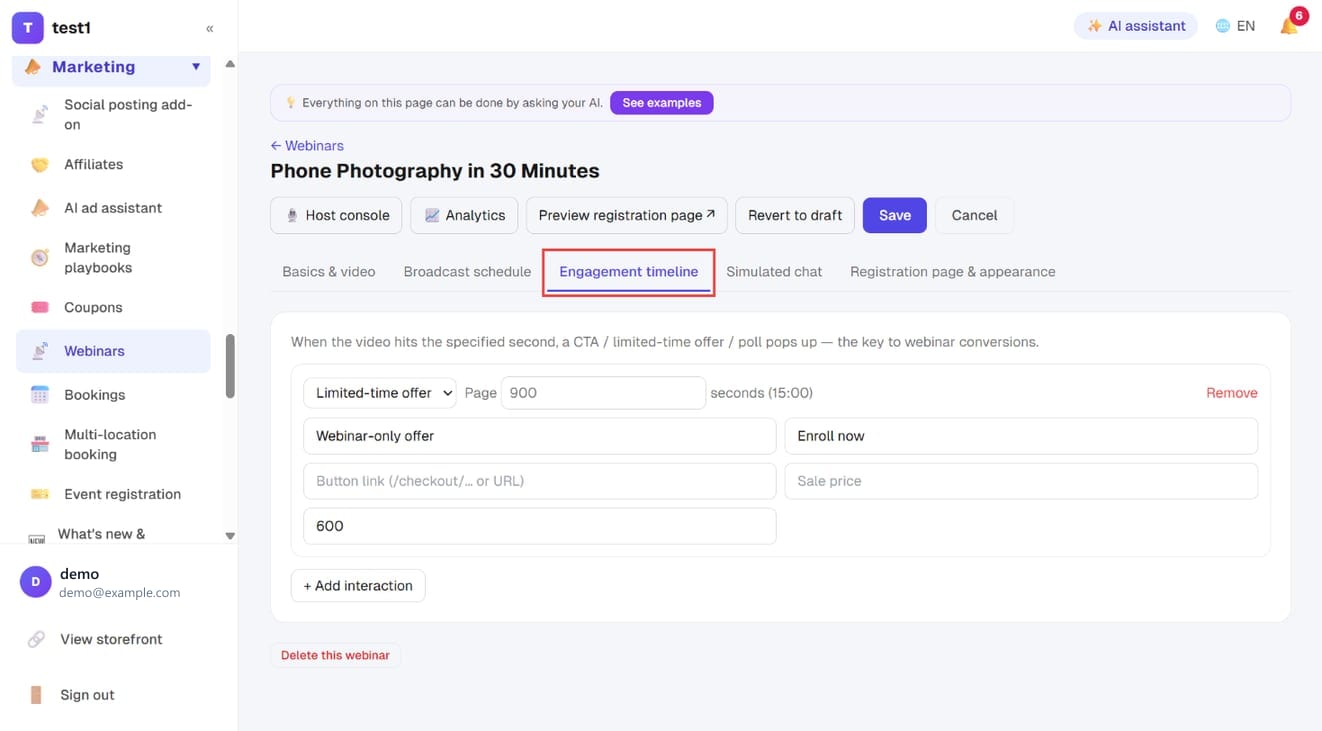 The “Engagement timeline” tab: a limited-time offer with an “Enroll now” button at 900 seconds