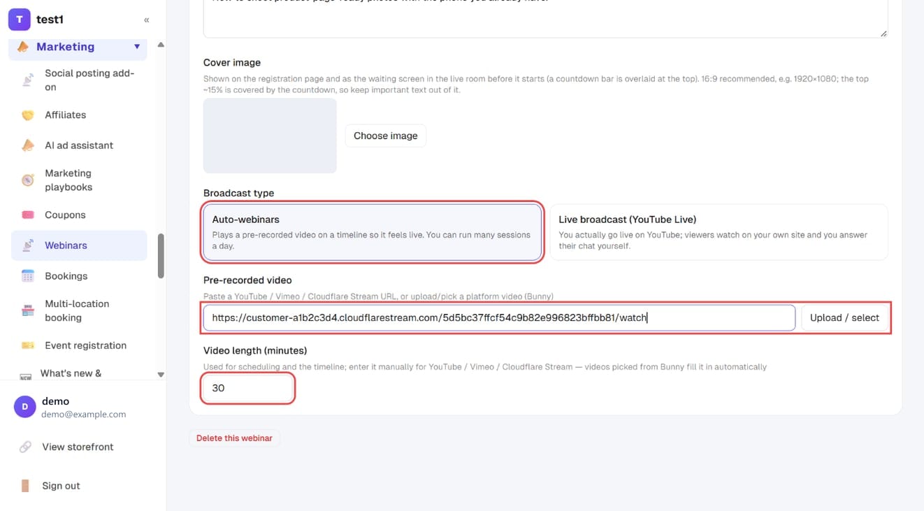 Choose “Auto-webinars”, paste the video URL (a Cloudflare Stream one here), enter the length