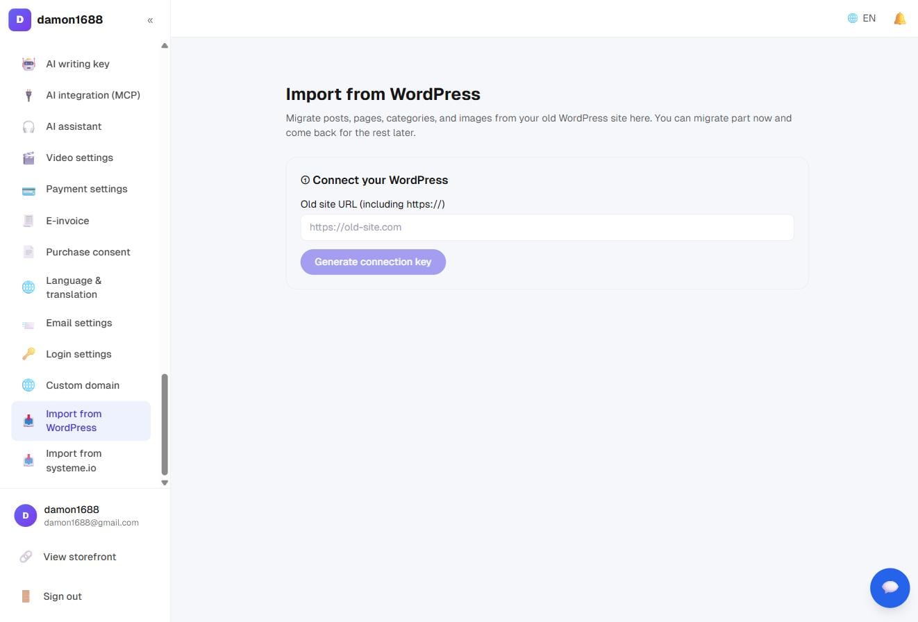 Step one: enter your old site URL and generate a connection key