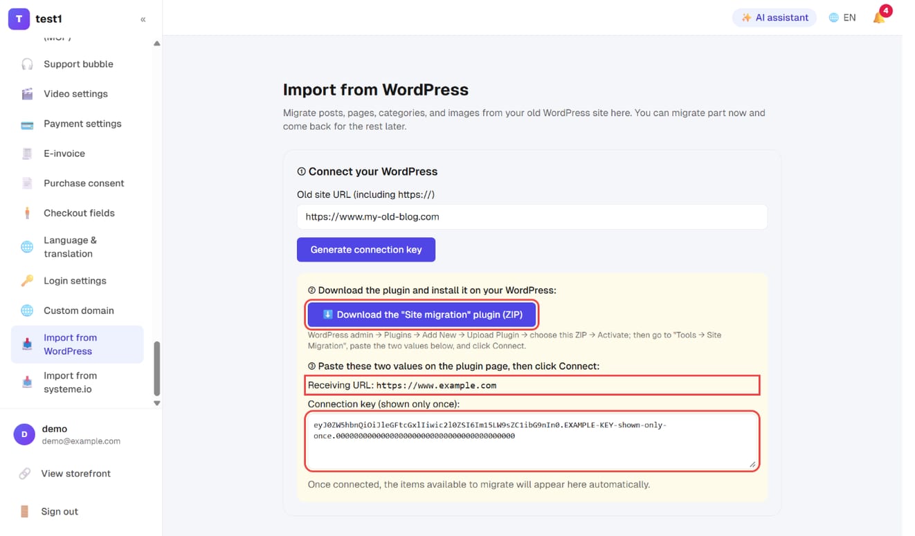 Click "Download the Site migration plugin (ZIP)" and copy the receiving URL and connection key below