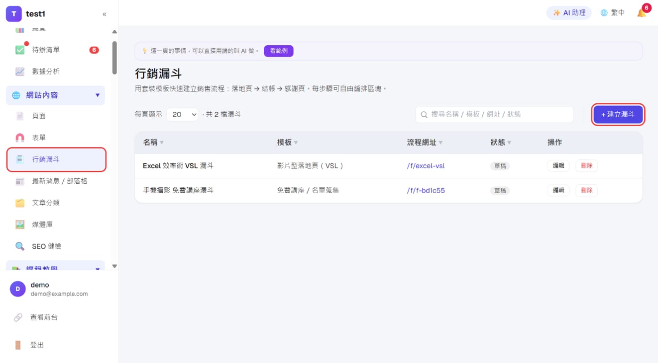 「網站內容 → 行銷漏斗」列表與「+ 建立漏斗」