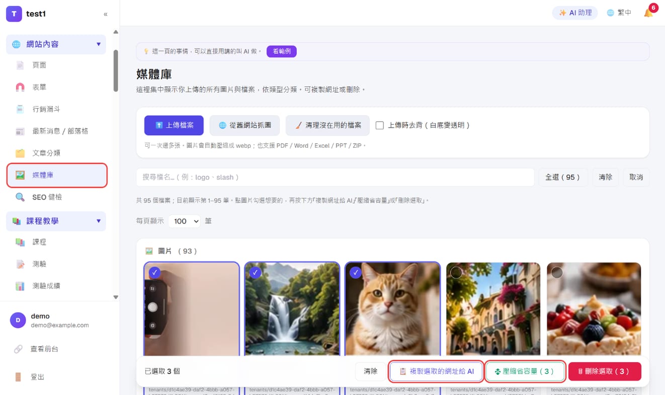 按「選取」後勾選圖片，下方出現「複製選取的網址給 AI」與「壓縮省容量」