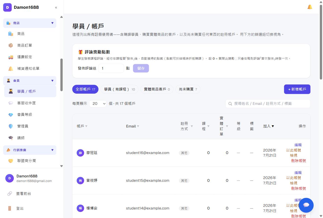 Students / accounts page: the filter buttons at the top switch between views