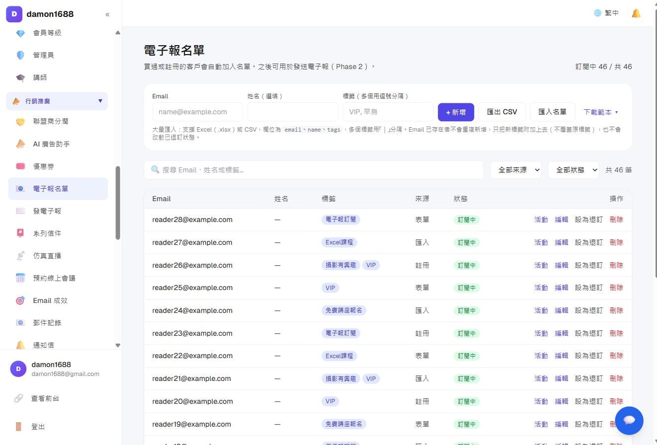 电子报名单:每位联系人的标签、来源与订阅状态