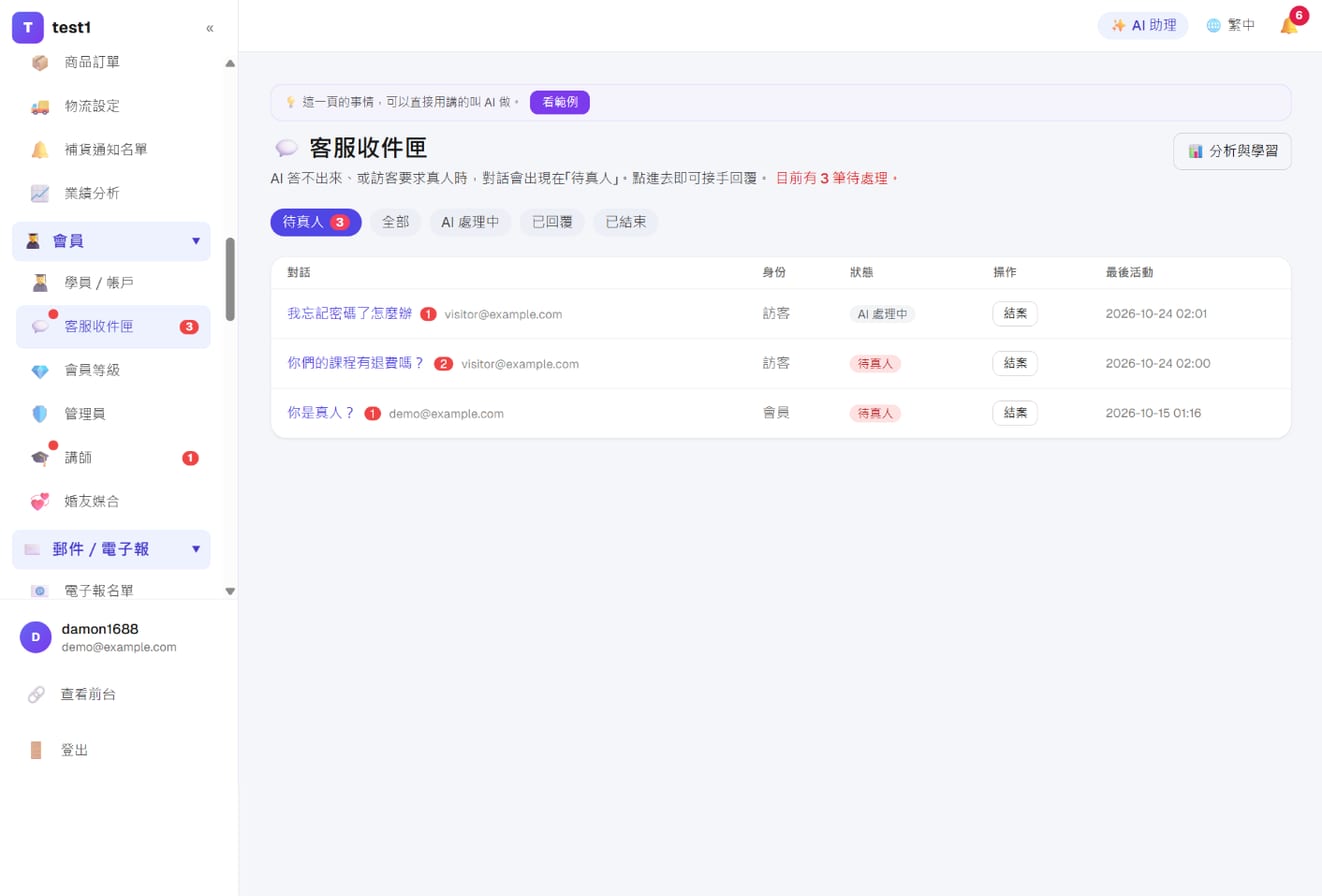 「會員 → 客服收件匣」:待真人分頁、身份、狀態、結案