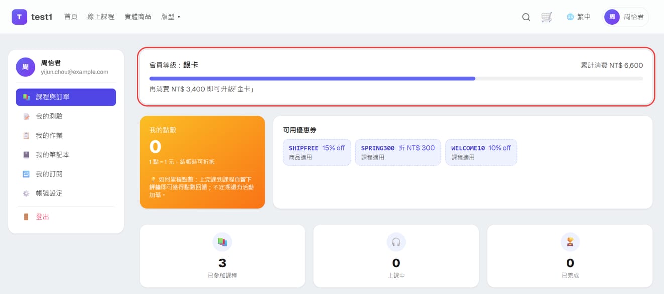 会员的「我的账户」最上方:会员等级银卡、累计消费、进度条与「再消费 3,400 即可升级金卡」